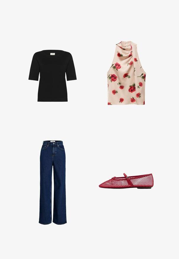 Mustapaitainen lyhythihainen neulepaita, jossa on leveä venepääntie, ribbitekstuuri ja suora helma. Valmistettu pehmeästä ja hengittävästä kankaasta.; Hihattomalla paidalla vaaleanbeige-kankaasta, jossa on pehmeä ja virtaava tekstuuri. Sen muotoilussa on punaisia ruusuja kukkakuosi ja napitus takana.; Korkeavyötäröiset, tummansiniset farkut, joissa on leveät lahkeet, etupainike ja viisi taskua.; Punaiset verkkomateriaalista valmistetut balettikengät, joissa on teräväkärkinen muotoilu ja ohut nauha sekä solkiyksityiskohta. Yläsovitus on avoin, pesäkynttäkuvioitu.