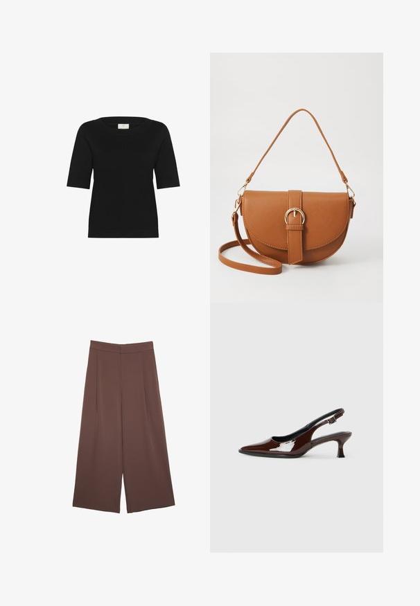 Čierny krátky rukáv pletený top má široký lodný výstrih, rebrovanú štruktúru a rovný lem. Vyrobený z mäkkej, priedušnej tkaniny.; Hnedé nohavice so širokými nohavicami a hladkou textúrou, s vysokým pásom a prednými skladmi. Tkanina je ľahká a voľne sa pohybuje.; Hnedá lakovaná slingback obuv s špicatou špičkou a mierne vysokým opätkom. Obsahuje pracku pre bezpečné upevnenie. Hladká textúra.; Hnedá kožená kabelka cez telo s zakriveným tvarom, zlatými kovovými doplnkami a akcentom s prackou. Obsahuje odnímateľný ramenný popruh.
