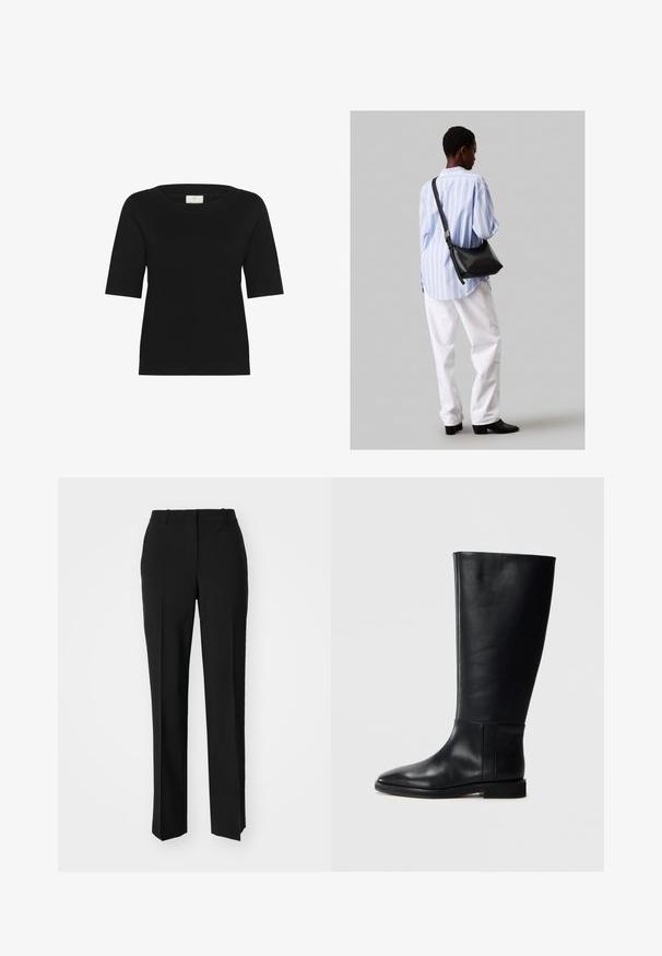 Top scurt din tricot, de culoare neagră, cu mânecă scurtă, prezintă un decolteu larg și textură ribbed, având un tiv drept. Realizat dintr-un material moale și respirabil.; Pantaloni negri tailor-ed cu un design drept, având o textură fină și cute clare pe față. Fără elemente de prindere vizibile.; Cizmă neagră din piele până la genunchi, cu vârf rotund, textură netedă, design minimalist și talpă plată. Detalii simple de cusătură pe tijă.; Geantă de umăr din piele neagră cu o textură moale, formă triunghiulară și curea ajustabilă, asortată cu o bluză cu dungi albastre deschise și pantaloni albi.