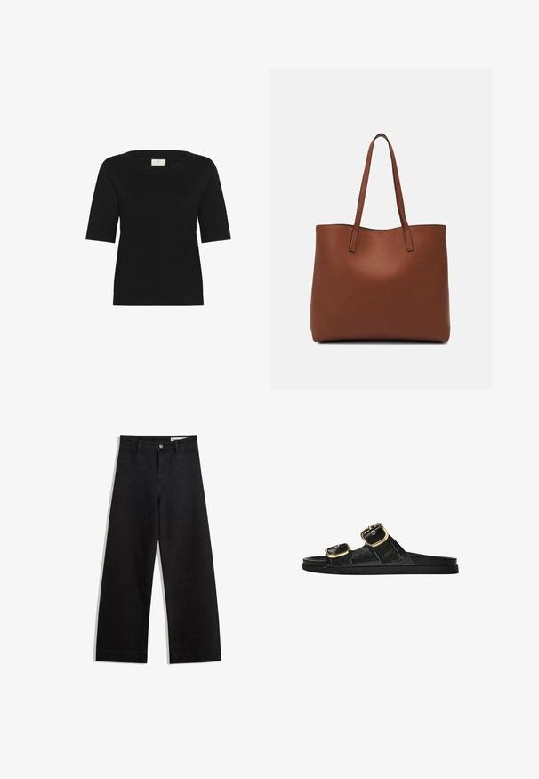 Zwart kortarm gebreid top met een brede bootnek, geribbelde textuur en een rechte zoom. Gemaakt van zachte, ademende stof.; Zwarte denim broek met wijde pijpen en een hoge taille, voorzien van voor- en achterzakken, gestikte naden en een knoopsluiting. Gladde textuur.; Zwarte slipper met twee gouden gesps, gladde textuur, platte zool en een minimalistisch ontwerp.; Bruine leren tote bag met een gladde textuur, een ontwerp met een open bovenkant en twee schouderbanden. Kenmerkt zich door minimale stiksels en geen zichtbare hardware.