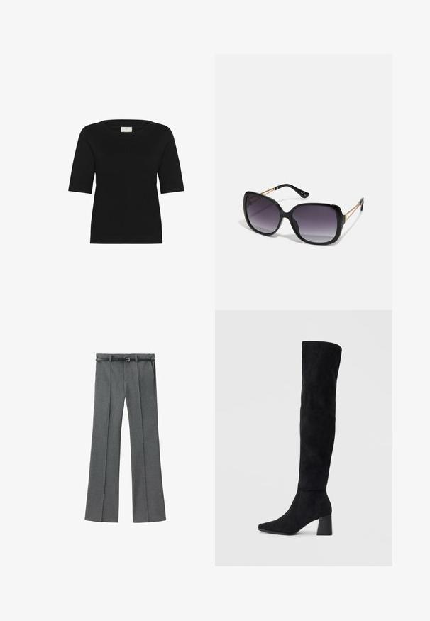 Črna kratka majica z rokavi iz pletenine ima širok čolnasti izrez, rebrasto teksturo in ravno rob. Narejena je iz mehkega, zračnega materiala.; Sive prirejene hlače z ravno nogavico, lahkotna tkanina, zanke za pas ter ozkim pasom z zmanjšanim srebrom.; Črne semiš škornje do kolen z blok peto, s koničastim nosom in gladkim, brezšivnim dizajnom na enostavni svetli podlagi.; Črne prevelike sončne očala z degradacijskimi lečami, debelimi okvirji in zlatimi verižicami na ročajih.