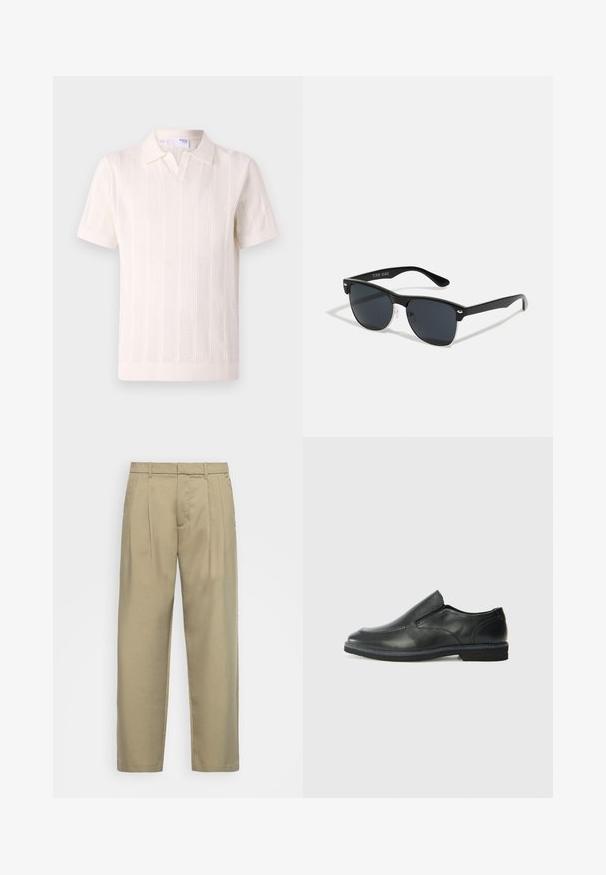Pólo de malha em branco sujo com um padrão texturizado, mangas curtas, gola clássica e uma bainha ligeiramente canelada.; Calças bejas de cintura alta com corte reto, apresentando uma frente lisa, bolsos laterais e um tecido suave e texturizado.; Sapato slip-on preto em pele com um upper liso, acabamentos cosidos, bico arredondado e um salto de borracha baixo. A sola apresenta um padrão de aderência mínimo.; Óculos de sol pretos com forma retangular, lentes escuras, detalhes em prata nas hastes e um acabamento mate na armação.
