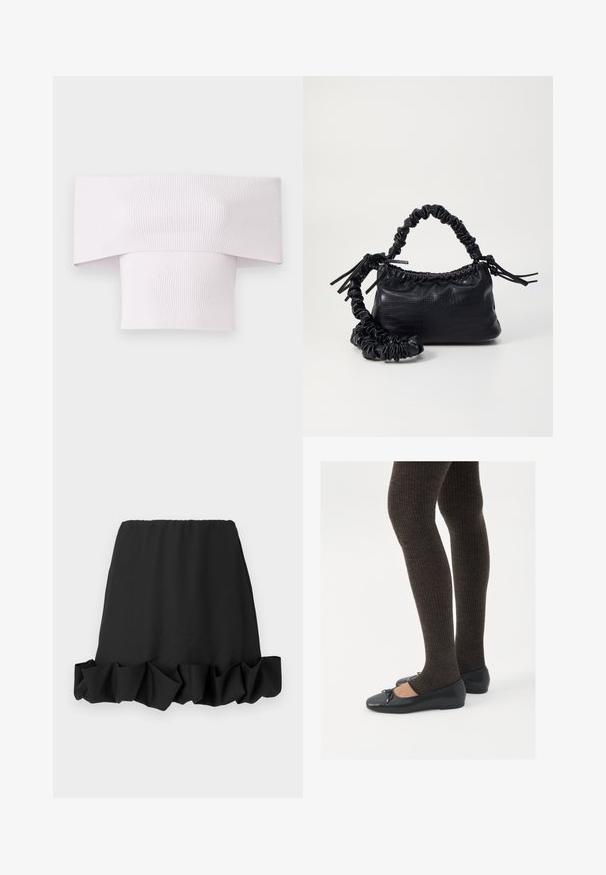 Off-shoulder ribbet topp i lys rosa med bred hals og tettsittende kropp. Silkeglatt tekstur med vertikale ribbedetaljer.; Svart skjørt med volangkant, laget av lett materiale. Har elastisk midjebånd for en behagelig passform. Enkel og allsidig design.; Sorte flate sko med en liten sløyfedetalj på tåen, kombinert med mørkebrune ribbede strømpebukser. Skoene har en glatt overflate og lav profil.; Svart faux skinn-håndveske med krokodilletekstur, strammet topp og en rynket stropp. Ser myk og kompakt ut i designen.
