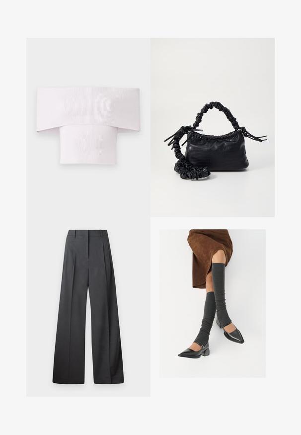Off-the-shoulder ribbed top in light pink with a wide neckline and fitted body. Smooth texture with vertical ribbing detail.; Wide-leg trousers in dark gray fabric, featuring a high waist, single pleats, and a smooth texture with a clean finish at the hems.; Black patent leather pointed-toe shoes with a block heel and ankle strap, paired with gray ribbed leg warmers and a brown suede skirt.; Black faux leather handbag with a crocodile texture, cinched top, and a scrunched strap. Appears soft and compact in design.