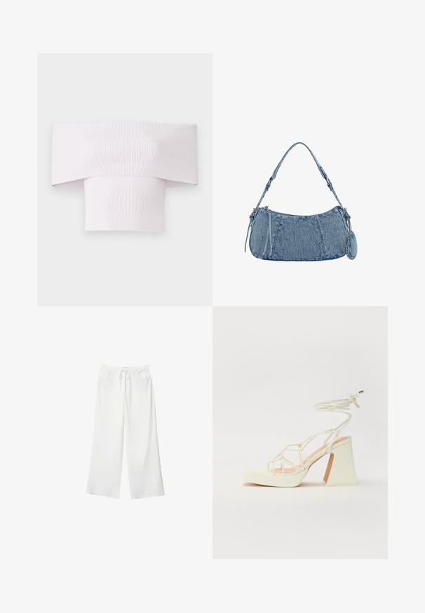 Schulterfreies, geripptes Oberteil in zartem Pink mit weitem Kragen und figurbetontem Schnitt. Glatte Textur mit vertikalen Rippdetails.; Weiße, weite Hosen aus weichem Stoff, mit einem Kordelzug in der Taille und zwei vorderen Taschen. Glatte Textur und keine sichtbaren Muster.; Weiße High-Heel-Sandale mit einem klobigen Absatz, die über ein Riemchendesign und ein Knöchelband verfügt. Glatte Textur mit einer Plattform vorne für zusätzliche Höhe.; Denim-Handtasche mit geschwungener Form, hellblauer Farbe, verstellbarem Schultergurt und einem kleinen abnehmbaren Täschchen mit metallischen Akzenten.