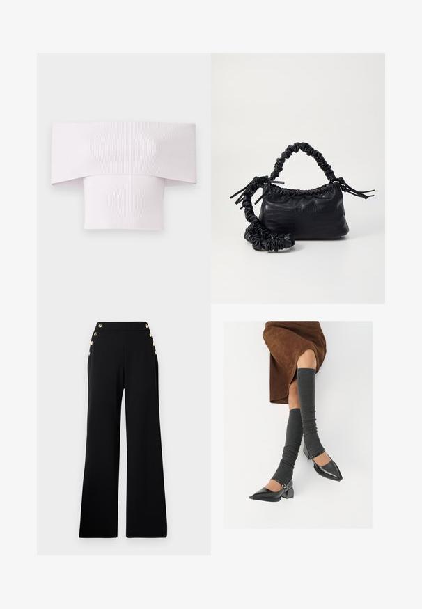 Top a spalla scoperta in rosa chiaro con scollatura ampia e vestibilità aderente. Texture liscia con dettagli a coste verticali.; Pantaloni neri a vita alta a gamba larga con bottoni dorati lungo il davanti e tasche su entrambi i fianchi su uno sfondo bianco.; Scarpe nere in pelle verniciata con punta affilata, tacco a blocco e cinturino alla caviglia, abbinate a scaldamuscoli grigi a coste e una gonna in suede marrone.; Borsa a tracolla in ecopelle nera con texture a coccodrillo, apertura cinchata e tracolla arricciata. Si presenta con un design morbido e compatto.