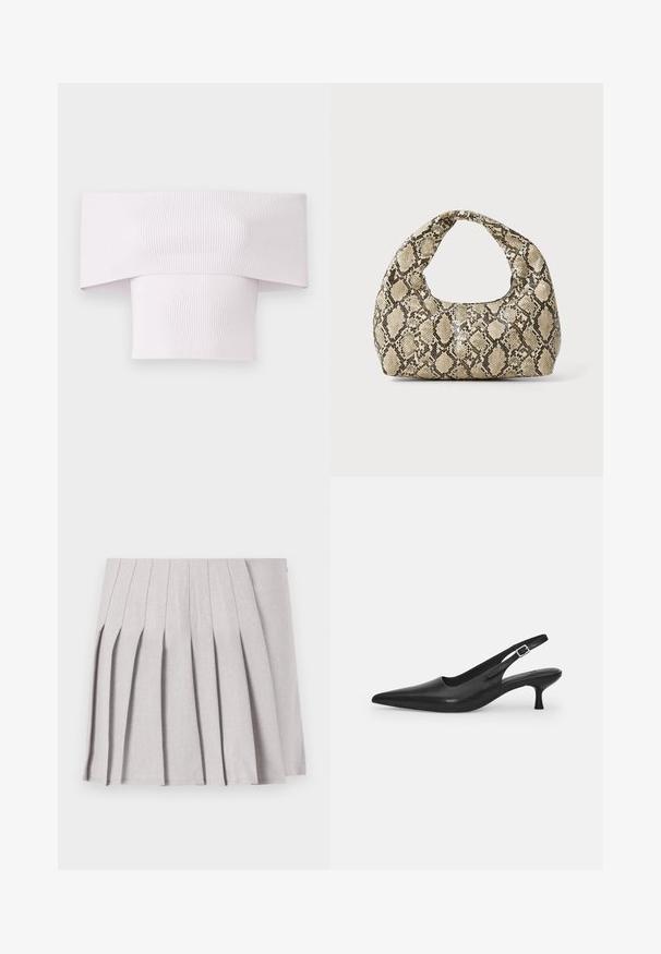 Off-the-shoulder ribbet top i lys pink med en bred udskæring og tætsiddende pasform. Glat tekstur med vertikal ribbet detalje.; Grå plisseret nederdel med en glat tekstur, der har flere lodrette folder og en tætsiddende talje. Fremstillet af letvægtsstof.; Sort læder slingback-sko med spids tå og en slank, buet hæl. Har en diskret justerbar rem med en metalspænde.; Slangeprint håndtaske med et buet håndtag. Lavet af strukturerede, beige og brune materialer, med et karakteristisk diamantmønster.