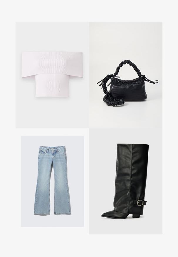 Schulterfreies, geripptes Oberteil in zartem Pink mit weitem Kragen und figurbetontem Schnitt. Glatte Textur mit vertikalen Rippdetails.; Weekday NOVA - Jeans Slim Fit - lip blue; Schwarze Lederstiefeletten in Knöchellänge mit spitzem Zehenbereich, glatter Oberfläche und silberner Schnallenakzent an der Seite. Massiver, quadratischer Absatz.; Schwarze Handtasche aus Kunstleder mit Krokodilstruktur, gerafftem oberen Teil und einem geschoppten Tragegurt. Sie wirkt weich und kompakt im Design.