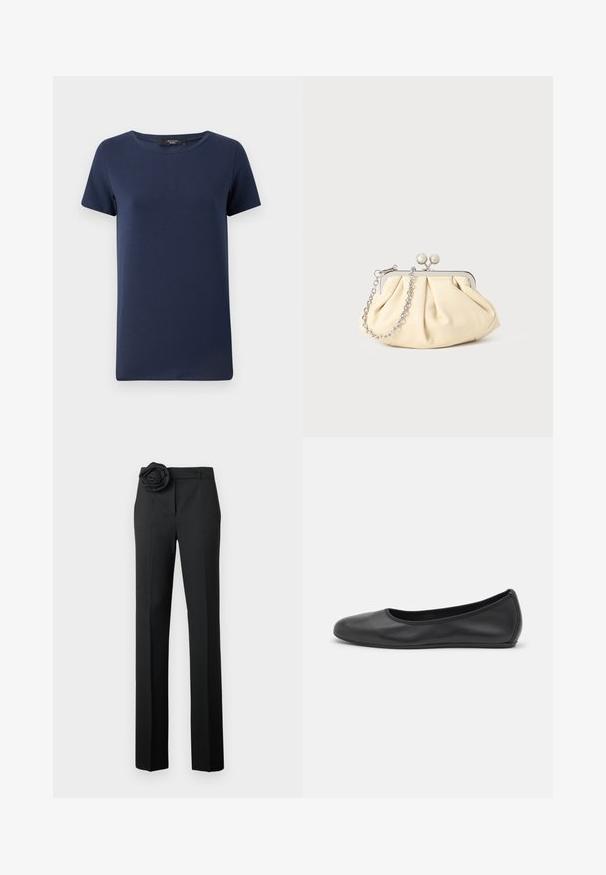 Navyblaue kurzärmlige T-Shirt aus einem weichen Baumwoll-Mix, mit einem klassischen Rundhalsausschnitt und einem lockeren Schnitt, ohne sichtbare Muster oder Akzente.; Schwarze Hose mit maßgeschneidertem Schnitt, ausgestattet mit einem stofflichen Rosenzierat in der Taille, geraden Beinen und einer seidigen Textur.; Schwarze Leder-Ballettschuhe mit abgerundeter Spitze, glatter Textur, minimalen Nähdetails und einem flexiblen Sohlen-Design.; Faltige beigefarbene Ledertasche mit einem silbernen Metallrahmen, ausgestattet mit zwei runden dekorativen Verschlüssen und einem silbernen Kettenriemen.