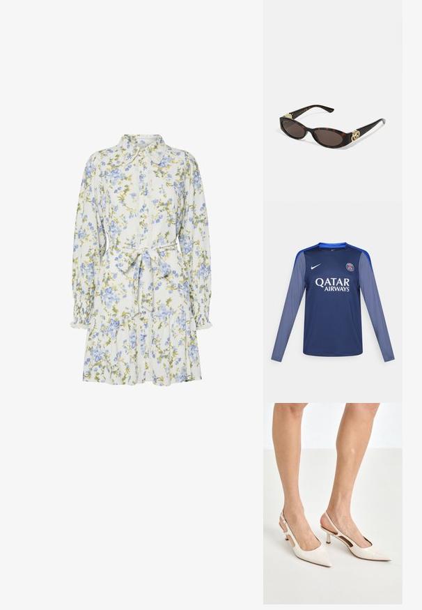 Marineblaues Langarm-Jersey mit blauen Akzenten, Nike-Logo auf der Brust und "QATAR AIRWAYS" in weißer Schrift. Weicher Stoff, sportliche Passform.; Blumenkleid in Weiß mit blauen und grünen Blumen, mit einem Kragen, durchgehender Knopfleiste, langen Ärmeln mit elastischen Bündchen und einem Taillengürtel.; Beige Lackleder Slingback-Absätze mit spitzem Fuß und 5 cm Absatz, mit ausgeschnittenen Seiten und einem schmalen Knöchelriemen.; Schildpatt-Sonnenbrille mit länglich-ovalen Gläsern, braunem Farbton, goldenen Logo-Akzenten an den Bügeln und schlanken schwarzen Bügeln.; Beige gemusterte Handtasche mit geschwungener Form, Lederakzenten und einem goldfarbenen Logo auf der Vorderseite. Verfügt über einen kurzen Griff für einfaches Tragen.; Perlen- und Kristallhalskette mit einem runden, perlenbesetzten Design in sanften Farbtönen, das abwechselnd Perlen und funkelnde Akzente zeigt, um den Hals getragen.