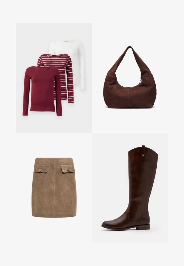 Three long-sleeve t-shirts: one solid burgundy, one burgundy with white stripes, and one solid white. All are made of soft, stretchable fabric.; Brown long-sleeve top featuring a wide neckline and a knot detail on one side, made of soft, textured fabric.; Brown suede mini skirt with a smooth texture, featuring two front flap pockets and button closures on each side. Simple, straight design.; Brown knee-high boots made of smooth leather, featuring a rounded toe, low stacked heel, and a subtle stitching pattern along the sides.; Brown suede hobo bag with a curved, wide handle and a large opening. Soft texture with visible stitching detailing along the edges.