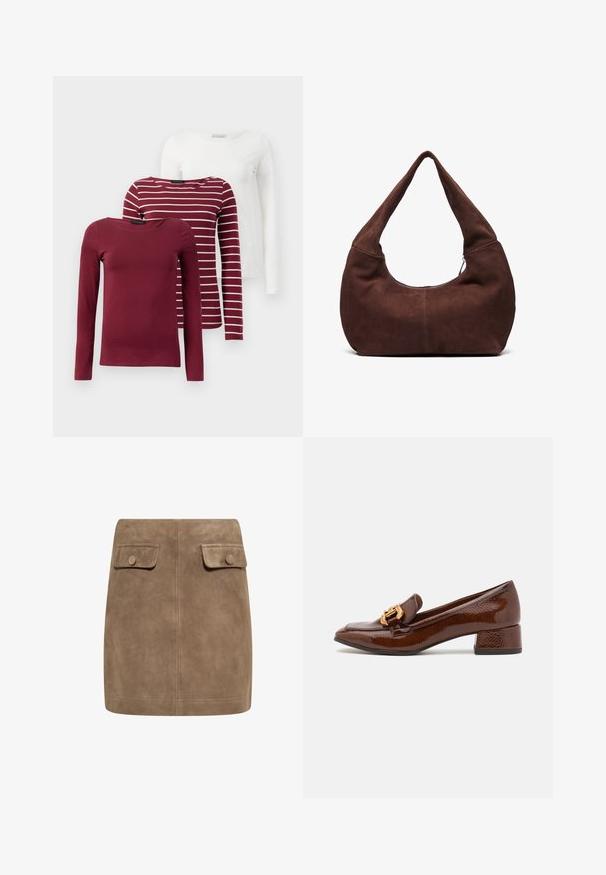Drie longsleeve t-shirts: één effen bordeauxrood, één bordeauxrood met witte strepen, en één effen wit. Ze zijn allemaal gemaakt van zachte, rekbare stof.; Bruine suède mini-jurk met een gladde textuur, voorzien van twee voorflapzakken en knoopsluitingen aan elke kant. Eenvoudig, recht ontwerp.; Bruine leren loafers met een glanzende afwerking, met een decoratieve gouden gesp aan de voorkant en een lage blokhak. Klassiek ontwerp.; Bruin suède hobo tas met een gebogen, brede handgreep en een grote opening. Zachte textuur met zichtbare stiksels langs de randen.