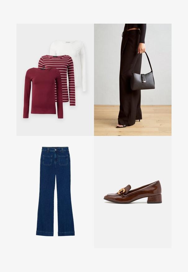 Three long-sleeve t-shirts: one solid burgundy, one burgundy with white stripes, and one solid white. All are made of soft, stretchable fabric.; Denim flared jeans in dark blue with a smooth texture, five-pocket design, and a button closure at the waist.; Brown leather loafers with a glossy finish, featuring a decorative gold buckle on the front and a low block heel. Classic design.; Black handbag with structured shape, smooth texture, and a metallic clasp. Paired with wide black pants and open-toe sandals on wooden floor.
