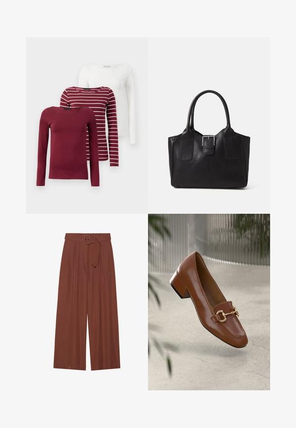 Tre langermede t-skjorter: en ensfarget burgunder, en burgunder med hvite striper, og en ensfarget hvit. Alle er laget av myk, stramme fabric.; Bredde bukser i brunt stoff, med belte med firkantet spenne, plisserte design og myk tekstur.; Brun lakkert skinn loafer med firkantet tå, metallkjedeakkent, og lav blokkheel; glatt tekstur, minimalistisk design.; Svart skinn toteveske med jevn tekstur, strukturert form, to håndtak og en fremtredende sølvspenne foran.
