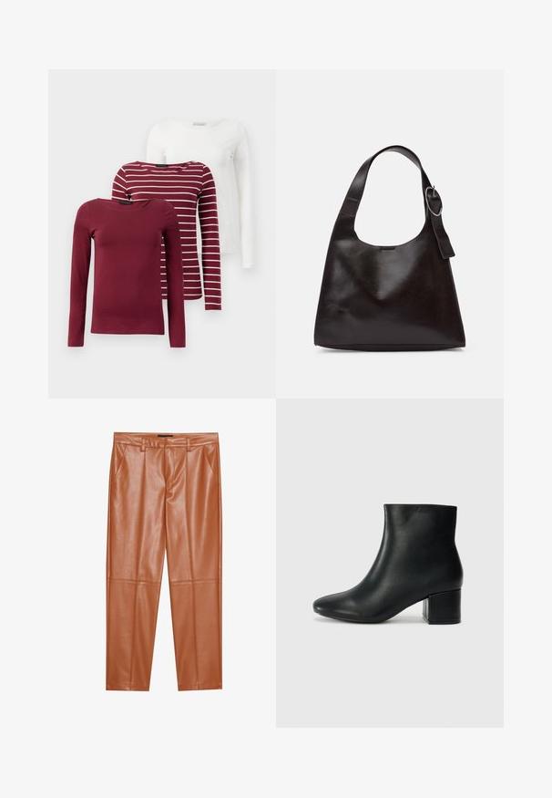 Trei tricouri cu maneci lungi: unul de culoare burgundy uniform, unul burgundy cu dungi albe și unul alb uniform. Toate sunt fabricate dintr-un material moale și elastic.; Pantaloni din piele ecologică maro, cu o croială bine definită, având pliseuri frontale și picioare drepte. Textură netedă, fără hardware sau accentuare vizibilă.; Cizme negre din piele până la gleznă, cu vârf ascuțit și toc robust. Textură netedă, cu accente minime și un design elegant, ajustat.; Geantă de umăr din piele maro, cu o textură netedă, formă rotunjită, curea largă și un accent metallic circular pe mânere.