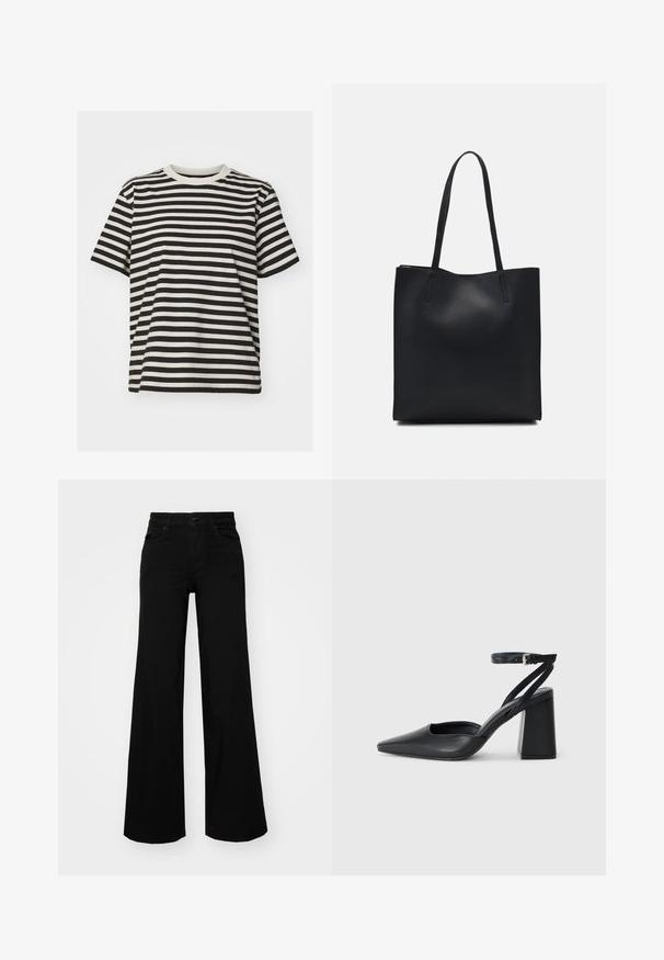Gestreiftes T-Shirt aus weichem Stoff, mit horizontalen schwarzen und cremefarbenen Streifen, Rundhalsausschnitt, kurzen Ärmeln und lässiger Passform.; Schwarze weit geschnittene Hose aus Denim, mit einem strukturierten Bund, Gürtelschlaufen und Fronttaschen. Glatte Textur mit klassischem Design.; Schwarze Leder-Pumps mit spitzer Zehe, einem Knöchelriemen und einem blockigen Absatz. Flache Textur, elegantes Design und minimalistische Ästhetik.; Schwarze Laptoptasche aus Leder mit glatter Textur, rechteckiger Form und zwei langen Griffen. Keine sichtbaren Beschläge oder Verzierungen.