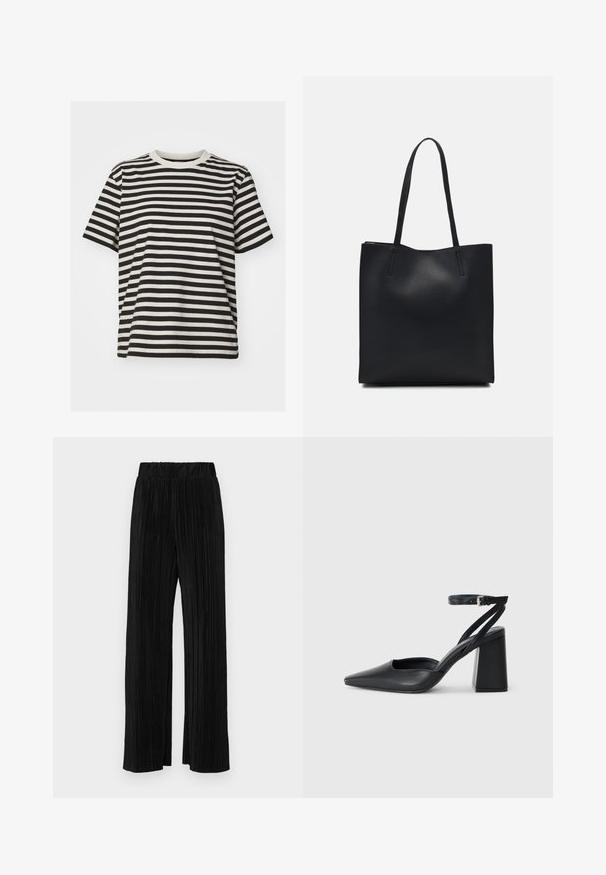 Ribadega t-särk pehmest kangast, millel on horisontaalsed mustad ja kreemjad triibud, ümar kaelus, lühikesed varrukad ja lõdvene sobivus.; Mustad pleekitud püksid elastse vöökohtaga. Omavad laiad jalad ja sujuvat, tekstureeritud kangast vertikaalsete triipudega.; Mustmustest must-käigukingad, millel on konksuga nöör ja paks konts. Ühtlane tekstuur, stiilne disain ja minimalistlik esteetika.; Mustast nahast kott sujuva tekstuuriga, ristkülikukujuline ja kahe pika sangaga. Pole nähtavat riistvara ega kaunistusi.