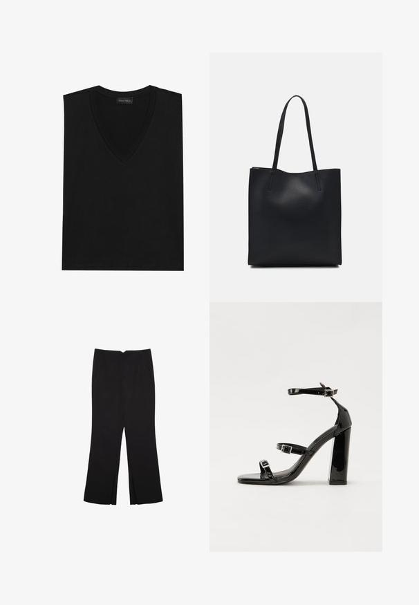 Črn v-neck brezrokavnik iz mehkega materiala. Ima gladko teksturo, čiste linije in preprost dizajn brez vidnih vzorcev ali okrasnih detajlov.; Črne hlače ravnega kroja z naglavnimi žepi in stranskimi razporki na robu. Narejene iz mehke, gladke tkanine. Primerne za različne priložnosti.; Črne lakirane sandale s peto, kvadratnim prstom, trakovi okrog gležnja in srebrnimi zaponkami. Opremljene so s stabilno Debelo peto.; Črna usnjena torba s svilnato teksturo, pravokotne oblike in dvema dolgima ročajema. Brez vidnih metalnih delov ali okrasnih elementov.