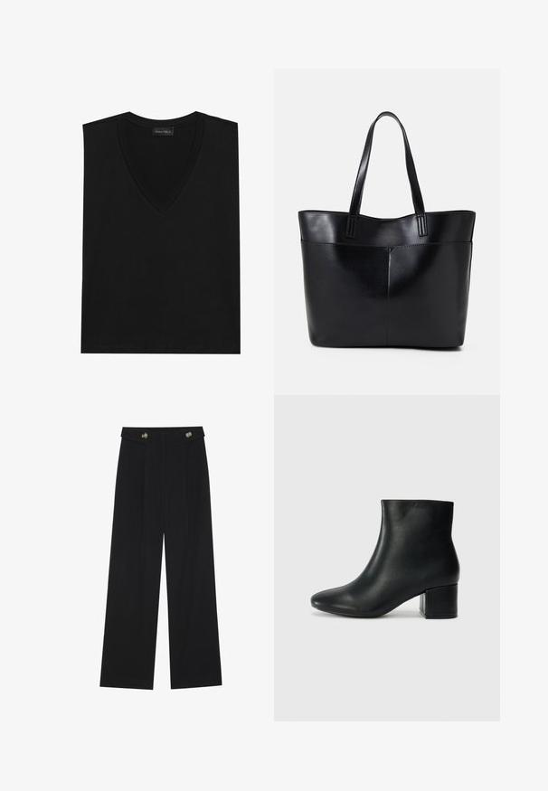 Black v-neck sleeveless top made of soft fabric. Features a smooth texture, clean lines, and a simple design with no visible patterns or accents.; Black wide-leg trousers with high waist, button details on waistband, and front pleats.; Black leather ankle boots with a pointed toe and a chunky heel. Smooth texture with minimal accents and a sleek, fitted design.; Black leather tote bag with two long handles, a smooth texture, and a structured shape. Features a front pocket for additional storage.
