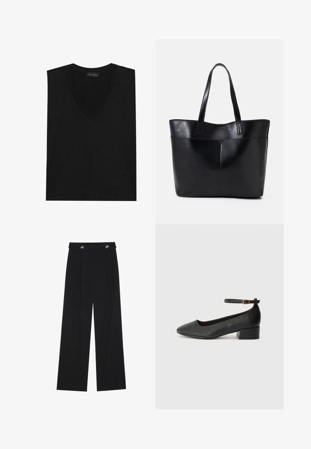 Sort v-hals ærmeløs top lavet af blødt stof. Har en glat tekstur, rene linjer og et enkelt design uden synlige mønstre eller accenter.; Sorte vide bukser med høj talje, knapdetaljer på taljebåndet og frontfald.; Sorte læderpumper med spids tå og en lav blokhæl. Har en ankelrem med en guldfarvet spænde. Glat tekstur.; Sort læder tote taske med to lange håndtag, en glat tekstur og en struktureret form. Har en forlommem for ekstra opbevaring.
