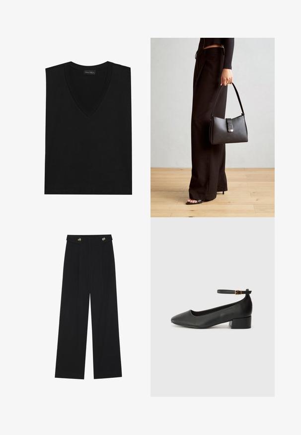 Melna bez piedurknēm topiņa ar V veida kakla izgriezumu, kas izgatavota no mīkstas auduma. Tam ir gluda tekstūra, tīras līnijas un vienkāršs dizains bez redzamām rakstu vai akcentiem.; Melnas platās bikses ar augstu jostasvietu, pogu detaļām uz jostas un priekšējām krokām.; Melnas ādas sūkņi ar smailu purngalu un zemu bloku papēdi. Iezīmēts ar potītes siksniņu ar zelta krāsas sprādzi. Gluda tekstūra.; Melnā somiņa ar strukturētu formu, gludu tekstūru un metālu sprādzi. Saskaņota ar platām melnām biksēm un sandālēm ar atvērtu purngalu uz koka grīdas.