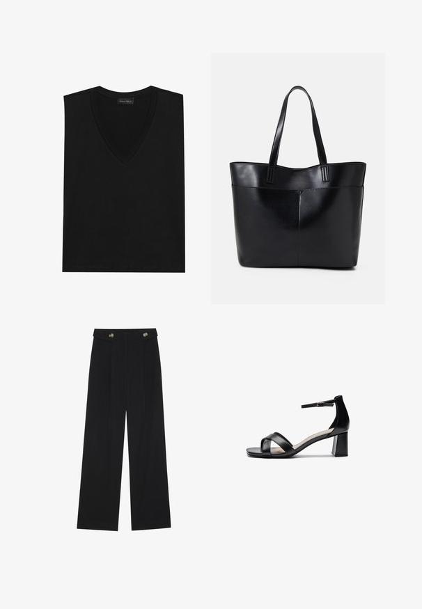 Musta V-kaulellinen hihaton paita, joka on valmistettu pehmeästä kankaasta. Ominaisuuksiin kuuluu sileä pinta, siistit linjat ja yksinkertainen muotoilu ilman näkyviä kuvioita tai yksityiskohtia.; Mustat leveälahkeiset housut, joissa on korkea vyötärö, napit vyötärönauhassa ja etupuolella laskokset.; Musta avotossu, jossa on ristikkäiset hihnat, säädettävä nilkkaremmi ja paksu korko, painottuen sileään nahkatextuuriin.; Musta nahkainen kassi, jossa on kaksi pitkää kahvaa, sileä pinta ja jämäkkä muoto. Sisältää etutaskun lisävarastointia varten.