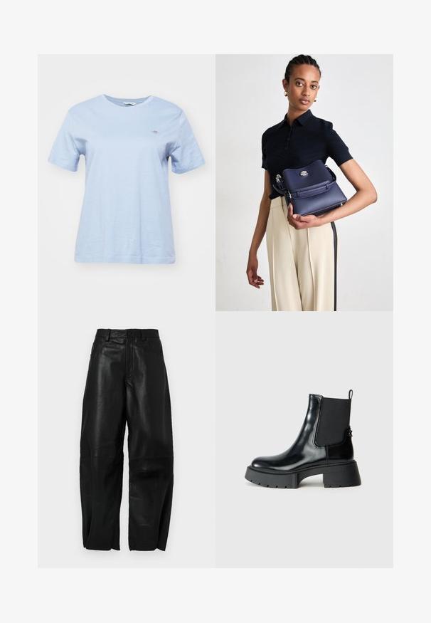 GANT SHIELD - Paprasti marškinėliai - dove blue; Juodos odinės kelnės su laisvu siluetu, tiesios kojos dizainu, priekinėmis kišenėmis ir matomais siuvimo detalėmis.; Juodos kulkšninių batai iš blizgaus odos su elastinėmis šoninėmis dalimis, kilpos užtraukimui ir masyviu guminėmis padanga, turinčia tekstūruotą protektorių.; Tamsiai mėlynas odinis rankinukas su tekstūruotu paviršiumi, sidabriniais aksesuarais ir paprastu užsegimu. Modelis laiko jį prieš neutralią foną.