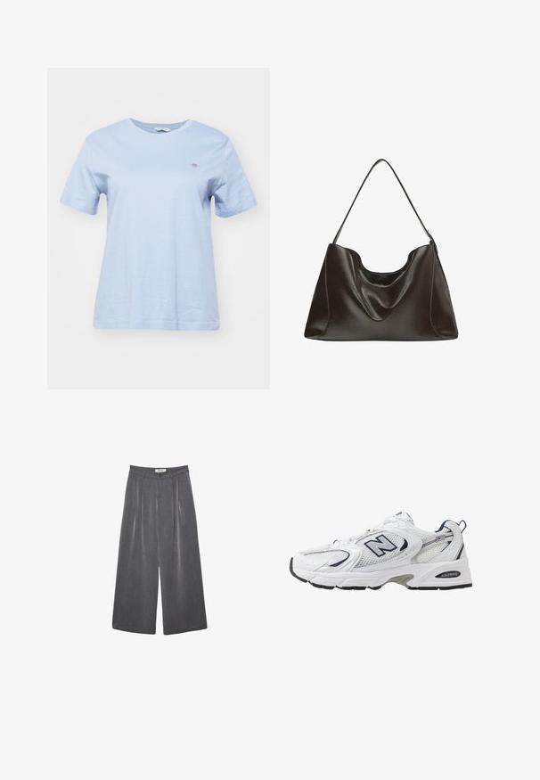 GANT SHIELD - T-paita - dove blue; Pleated leveleijoushousut tummanharmaasta kankaasta, jossa on hieno rakenne. Ominaisuuksina napin suljenta ja klassinen vyötärönauhan muotoilu.; Valkoinen urheilushoe, jossa on verkkomateriaali päällä, laivastonsiniset yksityiskohdat ja pehmeä pohja. Varustettu "N"-logolla, nauhoilla ja teksturoidulla yksityiskohdalla sivussa.; Suuri tumma ruskea nahkainen laukku, jossa on sileä pinta, löysä muoto ja yksi olkahihna. Ominaisuutena kaareva yläaukko.