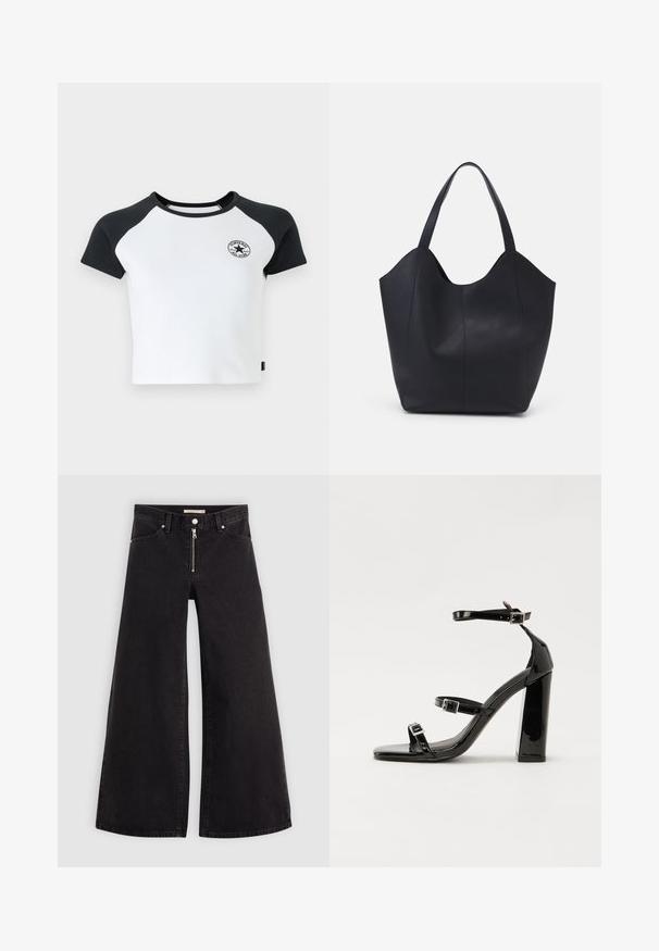 Short-sleeve raglan t-shirt in white with black sleeves, featuring a round neck and a circular logo on the chest. Made of cotton fabric.; Wide-leg jeans in black denim with a zippered front, five-pocket design, and subtle stitching details. Smooth texture and casual style.; Black patent heeled sandals with a square toe, ankle straps, and silver buckles. Features a chunky block heel for stability.; Black tote bag made of smooth leather, featuring a curved, open top with two shoulder straps and a minimalist design.