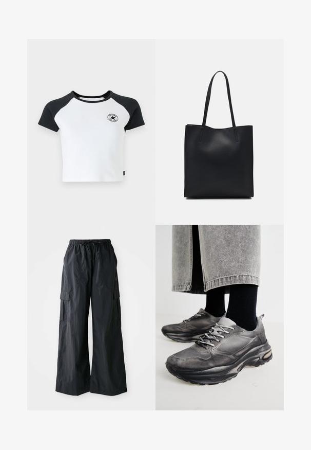 Majica s kratkimi rokavi raglan v beli barvi z črnimi rokavi, ki ima okroglo ovratnik in krožni logotip na prsih. Narejena je iz bombažnega blaga.; Črne cargo hlače iz lahko tkanine, z širokim krojem, elastičnim pasom in več stranskimi žepi. Preprosto in funkcionalno.; Črne in sive športne čevlje imajo mrežast zgornji del, debele podplate in vezalke. Imajo zaobljen nos in opazne podrobnosti oblazinjenja.; Črna usnjena torba s svilnato teksturo, pravokotne oblike in dvema dolgima ročajema. Brez vidnih metalnih delov ali okrasnih elementov.