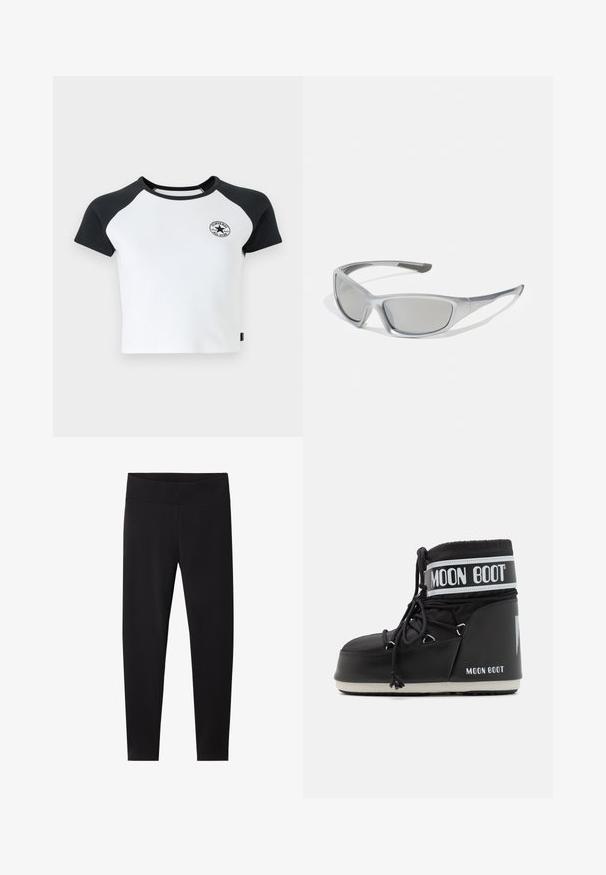 Kortærmet raglan t-shirt i hvid med sorte ærmer, med en rund hals og et cirkulært logo på brystet. Fremstillet af bomuldsstof.; Sorte leggings med en bred, elastisk talje. Fremstillet af et glat, strækbart materiale, skræddersyet til en tætsiddende silhuet uden synlige mønstre.; Sort Moon Boot med en polstret overdel, sikret med snørebånd og et karakteristisk hvidt bånd med logoet. Tykk, struktureret gummi sål.; Grå solbriller med en slank, let plastramme. Har tonede grå linser og strukturerede sideaccenter for bedre greb.