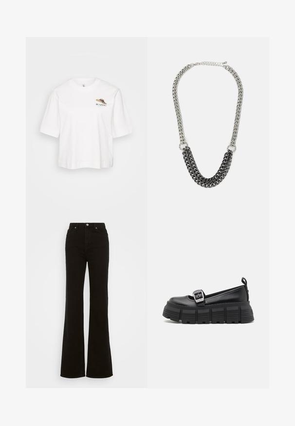 Balta medvilninė marškinėlių su laisvu kirpimu, trumpomis rankovėmis, puošti siuvinėtu dizainu, kuriame pavaizduota šiaudinė skrybėlė su užrašu "BLAZING."; Juodos džinsinės kelnės su aukštu liemeniu, platėjančios, turinčios mygtuko užsegimą, šonines kišenes ir lygų paviršių.; Juodi platforminiai loafersai su apvalia nosimi, lygiu oda viršumi, reguliuojamu sagtimi ir tekstūruotu guminiu padu, turinčiu horizontalias briaunas.; Metalinis grandinės kaklo papuošalas su pakaitinėmis sidabro ir juodomis kilpomis. Yra trijų lygių dizainas ir sagtis su reguliuojama grandine.