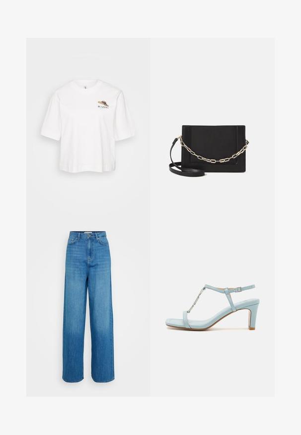 White cotton t-shirt with a relaxed fit, featuring short sleeves and an embroidered design of a straw hat with the text "BLAZING."; Blue high-waisted wide-leg jeans with front button and zipper closure, front and back pockets, and stitched hems on a white background.; Light blue ankle strap high heel sandal with a square toe design, featuring a metallic accent and a sleek, smooth leather texture.; Black leather crossbody bag featuring a smooth texture, rectangular shape, and a metallic chain detail on the front. Adjustable strap included.