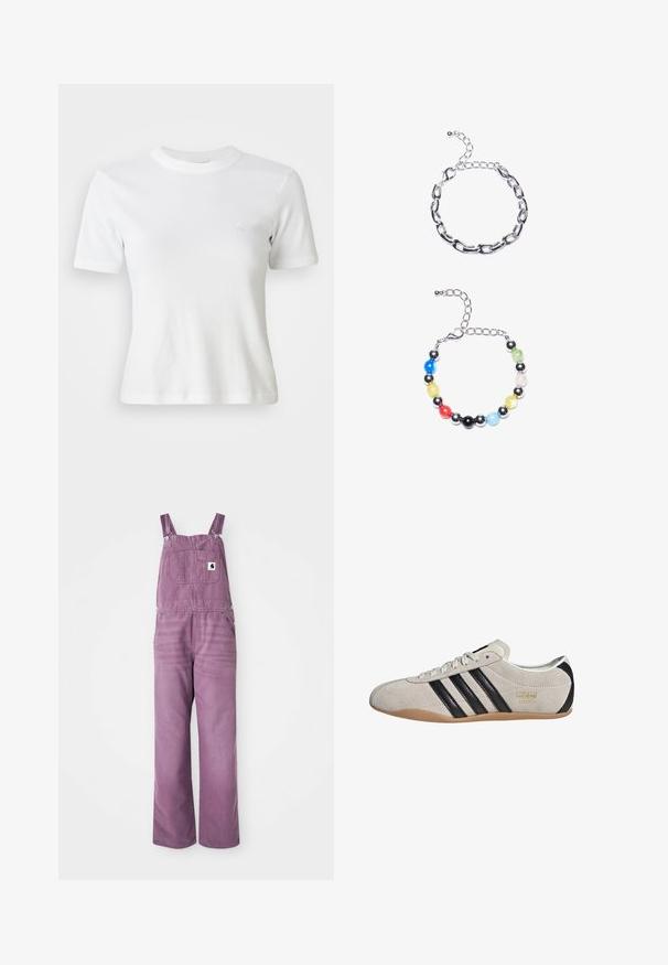 White ribbed short-sleeve t-shirt with a round neckline and a small logo on the chest. Made from soft fabric with a fitted design.; Green knitted polo shirt with short sleeves, featuring a textured pattern of large circles and button-up closure.; Purple denim overalls with adjustable straps, front pocket, and wide legs. Material shows slight texture; hardware features silver metal clips.; Suede sneaker with a gray upper, black stripes, and a gum rubber sole. Features a lace-up closure and a gold logo detail on the side.; Silver chain bracelet featuring elongated links above. Below, a colorful beaded bracelet with black, blue, green, yellow, red, and clear beads.