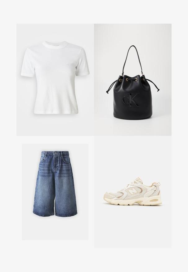 T-shirt bianca a maniche corte con scollo rotondo e un piccolo logo sul petto. Realizzata in un tessuto morbido con un design aderente.; Shorts in denim con un gradiente di blu chiaro a blu scuro, con un classico design a cinque tasche, rifiniti con una chiusura a bottone e gambe larghe.; Scarpe sportive beige con sovrapposizioni in mesh e materiale sintetico, dotate di una superficie testurizzata, colletto imbottito e ammortizzazione "ABZORB" nel tallone.; Borsa a secchiello in pelle nera con chiusura a cordoncino, caratterizzata da un logo "CK" lucido sulla parte anteriore e dettagli in hardware dorato.