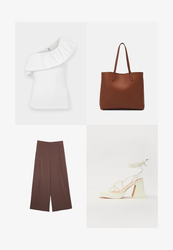 Bela top z enim ramenom z nabranim ovratnikom. Narejena iz lahkotnega blaga, ima oprijet kroj in brezšivno zasnovo rame.; Rjave široke hlače z gladko teksturo, ki imajo visok pas in sprednje naborke. Tkanina je lahka in prosto pada.; Bela sandala na visokih petah s debelim petam, ki ima obliko trakcev in vezanje okoli gležnja. Gladka tekstura z platformo spredaj za dodatno višino.; Rjava usnjena torba z gladko teksturo, odprto zasnovo zgoraj in dvema naramnima trakovoma. Opremljena je z minimalnim šivanjem in brez vidnih kovinskih delov.