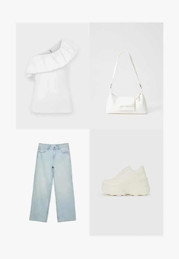 Vit enaxelstopp med ett vågigt halslinning. Tillverkad av lättviktsmaterial, har den en figurnära silhuett och sömlös axeldesign.; Ljust blå vida jeans i denim med hög midja, fem fickor och subtila urtvättningar. Rakt snitt med fållade kanter.; Vita plattformssneakers med en slät läderliknande överdel, rundad form, vadderad krage och texturerad gummisula med definierade mönster.; Vit syntetisk handväska med triangulär form, platt framklaff och rosettdetalj, justerbar rem, slät textur och minimalistisk design.