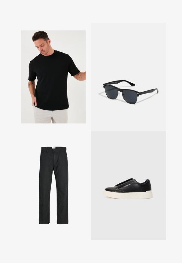 Must teha lühikesed varrukad T-särk mustast tekstuursetest kangast, laia kaelusega, lõdva lõike ja minimalismi disainiga.; Mustad mustad, mis on valmistatud vastupidavast kangast, sirge jala disainiga, õmmeldud detailidega ja kahe eesmise taskuga funktsionaalsuse jaoks.; Must musta kingad tekstureeritud nahast pealmise osaga, valge kummist tallaga ja nähtamatute paeltega. Küljel on brändi logo.; Mustad mustmikrooni kujuga mustad prillid, tumedate klaasidega, hõbedased detailid templite juures ja mati viimistlusega raam.