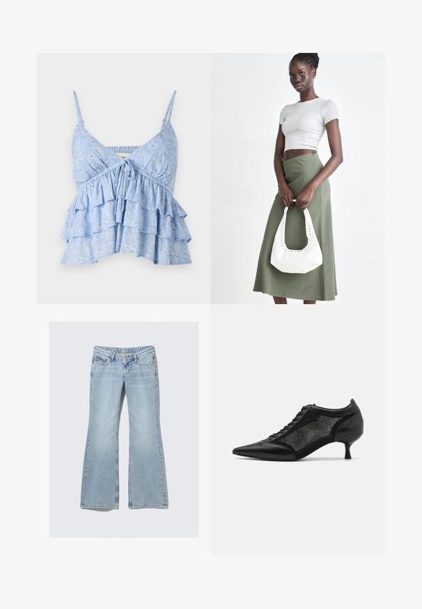 Šviesiai mėlynas, raštuotas maikutė su reguliuojamais kaklo dirželiais, turinti susiraukšlėjusią liemenį ir sluoksniuotą volanų dizainą. Švelni audinio tekstūra.; Weekday NOVA - Prigludę džinsai - lip blue; Juodi bateliai su smailiu pirštu ir tinklinėmis detalėmis, turintys žemą kulną ir raištelių uždengimą. Pagaminti iš odos ir tinklinės medžiagos derinio.; Pilka juostuota trumpa palaidinė ir alyvuogių žalios spalvos aukšto liemens sijonas. Modelis laiko baltą petį krepšį su išpjovomis. Paprastas dizainas, prigludusi siluetas.