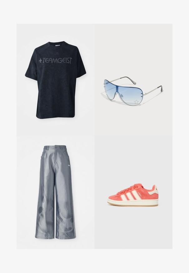 Melnas īsām piedurknēm T-krekls, kas izgatavots no mīksta auduma, ar teksturētu rakstu un rotāts ar rhinestones, kas veido vārdu "+TEAMGEIST."; Platas kājas bikses no spīdīga pelēka materiāla, ar baltām sānu svītrām un liesmu rakstu apakšējā kāju daļā. Pogas un rāvējslēdzēja aizdare jostasvietā.; Rozā zamšādas kedas ar krēmkrāsas svītrām, apaļām šņorēm un teksturētu mēli. Iekļauj gumijas zoli un logotipu uz papēža.; Pilotstila saulesbrilles ar gradienta zilām lēcām, sudraba metāla rāmjiem un dekoratīvām zvaigžņu akcentiem uz lēcām. Gluda un eleganta dizaina.