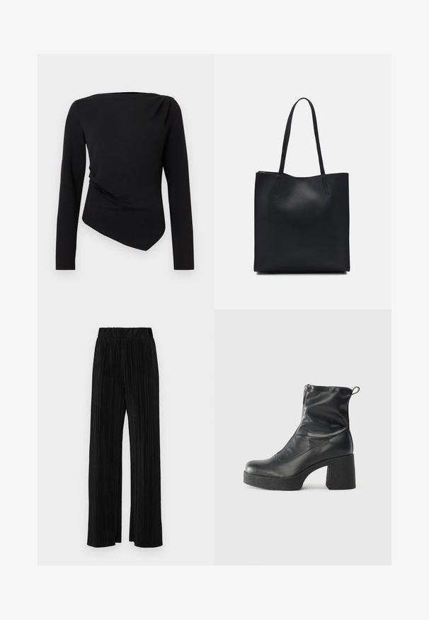 Black long-sleeve top with a draped design and asymmetrical hem. Made from a smooth fabric with a soft texture.; Black pleated trousers with an elastic waistband. Features wide legs and a smooth, textured fabric with vertical stripes.; Black ankle boots made of smooth leather, featuring a side zipper, chunky textured heel, and rounded toe design.; Black leather tote bag with smooth texture, rectangular shape, and two long handles. No visible hardware or embellishments.