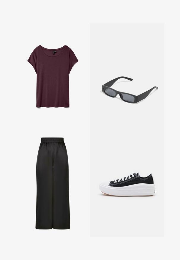 Bordo kratka majica s kratkimi rokavi, okroglo izrezana, izdelana iz mehkega in gladkega materiala. Ima sproščen kroj in minimalne šive.; Črne široke hlače iz gladkega, sijočega materiala z elastičnim pasom in brez vidnih žepov ali kovinskih detajlov.; Črne platnene športne copate z belimi vezalkami, belim gumijastim prstnim zaščitnikom in masivnim belim srednjim podplatom. Imajo subtilne bele šive in gumijast podplat.; Črne pravokotne sončna očala s temnimi lečami in debelimi mat okvirji. Ročaji so rahlo ukrivljeni in imajo gladko teksturo.