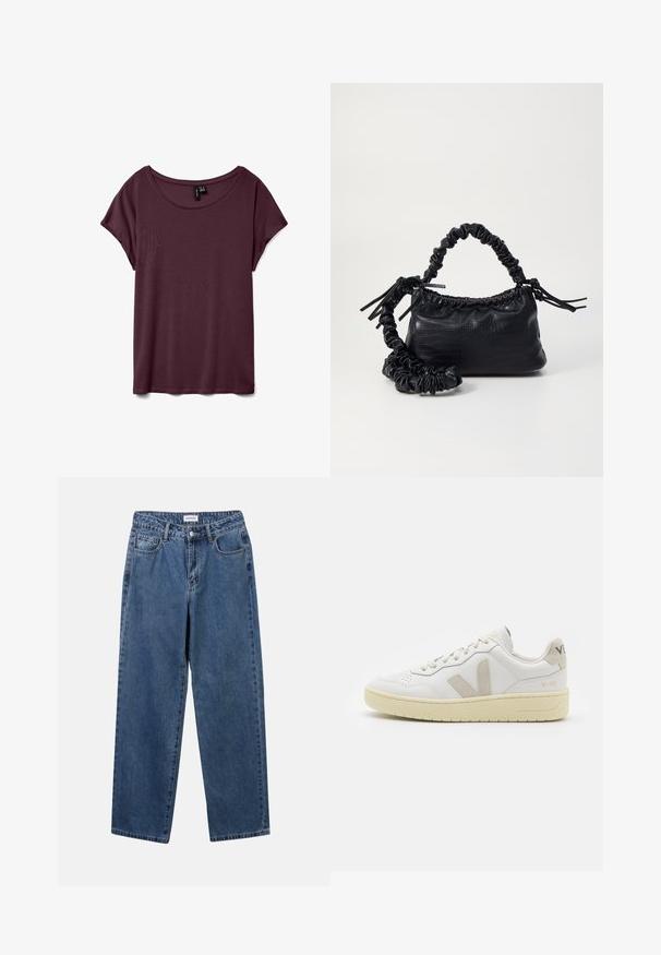 Bordeaux rood T-shirt met korte mouwen, ronde halslijn, gemaakt van zachte stof met een gladde textuur. Dit shirt heeft een relaxte pasvorm en minimale stikseldetails.; Klassieke blauwe denim jeans met een rechte pijp, vijf zakken en een knoopsluiting. Heeft een middelgrote wasbeurt en stevige textuur.; Witte leren sneaker met beige suède accenten, geperforeerde neus, platte veters en een gestructureerde crèmekleurige zool. Heeft subtiele branding op de hak.; Zwarte nepleer handtas met een krokodillenstructuur, opgedroogde bovenkant en een gekreukte hengsel. Het lijkt zacht en compact van ontwerp.