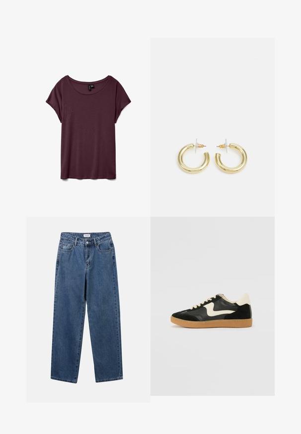 Tumši sarkans īsām piedurknēm T-krekls ar apaļu kakla izgriezumu, izgatavots no mīkstas auduma ar gludu tekstūru. Iezīmē atvieglinātu piegriezumu un minimālu šuvju detaļu.; Klasiskie zili džinsi ar taisnu kāju dizainu, pieciem kabatām un pogu aizdari. Iezīmējas ar vidēju mazgāšanu un izturīgu tekstūru.; Melna zamšāda un ādas sporta apavi ar krēmkrāsas sānu svītru un gaiši krēmkrāsas papēdi. Ar beigu krāsas auklām un gumijas zole.; Zelta auskari ar gludu, spīdīgu apdari. Apaļš dizains, kas ietver mazu tapu un caurspīdīgu pamatni drošai valkāšanai.