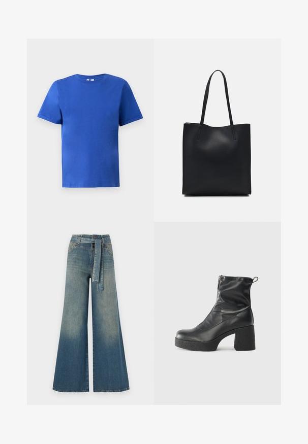 Lühikese varrukaga T-särk erekuldses sinises puuvillas, kus on ümmargune kaelus ja sujuv tekstuur ilma nähtavate mustrite või aktsentideta.; Laiad denimpüksid, millel on hele tume sinine gradiendiefekt, kõrge vöökoht, vöökumlid ja sobivast kangast vöö. Struktureeritud denimi viimistlus.; Mustad mustad ansapüksid, mis on valmistatud siledast nahast, külje zipperiga, paksu tekstuuriga kontsaga ja ümmarguse nina disainiga.; Mustast nahast kott sujuva tekstuuriga, ristkülikukujuline ja kahe pika sangaga. Pole nähtavat riistvara ega kaunistusi.