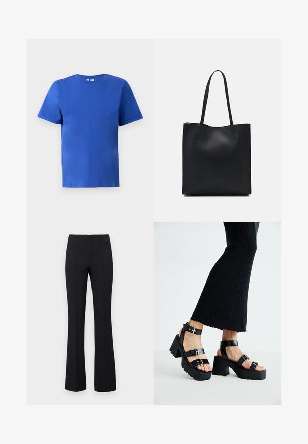 Majica s kratkimi rokavi v svetlo modri barvi iz bombaža, s krožnim izrezom in gladko teksturo brez vidnih vzorcev ali dodatkov.; Črne razširjene hlače z rebrasto teksturo in oprijetim pasom. Oblikovanje vključuje navpične šive za optimiziran videz. Brez vidnih kovinskih delov.; Črne platforme s sandali in debelimi, zarezami ter več naramnicami, ki vključujejo kovinske zaponke in gladko teksturo, podobno usnju.; Črna usnjena torba s svilnato teksturo, pravokotne oblike in dvema dolgima ročajema. Brez vidnih metalnih delov ali okrasnih elementov.