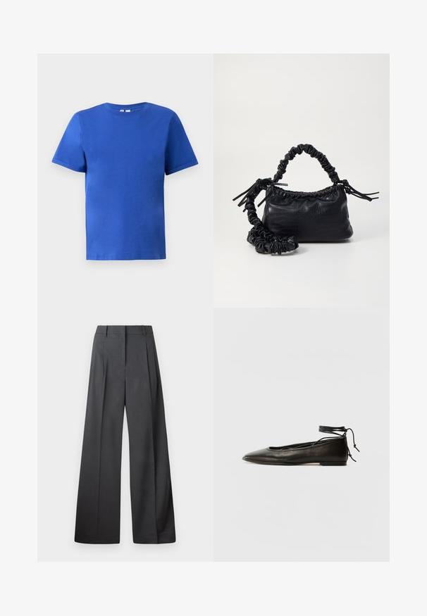 Lühikese varrukaga T-särk erekuldses sinises puuvillas, kus on ümmargune kaelus ja sujuv tekstuur ilma nähtavate mustrite või aktsentideta.; Tumesed püksid tumesinises kangas, kõrge vöökoht, üks voldik ning sile struktuur puhaste ääristega.; Must mustast balletijalatsid, millel on terav nina, pahkluu seotud ja lame tall, sujuva tekstuuri ning minimalistlik disain.; Must must sünteetilisest nahast käekott, millel on krokodillimuster, kokku tõmmatav ülaosa ja kortsus rihm. Tundub pehme ja kompaktne disain.