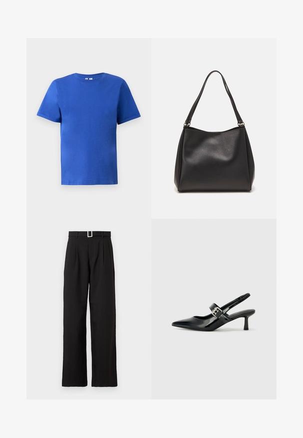 Lühikese varrukaga T-särk erekuldses sinises puuvillas, kus on ümmargune kaelus ja sujuv tekstuur ilma nähtavate mustrite või aktsentideta.; Mustad kõrge vöökoht ja laiad püksid, millel on vöökohal silmused ja hõbedane ristkülikukujuline pandla, valge tausta peal.; Mustad patenteeritud nahast sildiga kontsad, millel on terav nina ja väike plokk-konts, mille rihmal on hõbedane pandla aksessuaar.; Mustmust mustrahnaga, millel on pehme tekstuur, hobo kuju ja kaks õlavarre rihma; sisaldab läikivat viimistlust ja minimalistikku disaini.