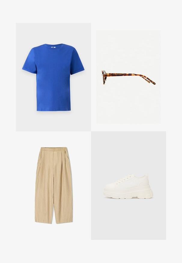 Kurzärmliges T-Shirt aus leuchtend blauem Baumwollstoff, mit Rundhalsausschnitt und einer glatten Oberflächenstruktur ohne sichtbare Muster oder Akzente.; Beige gestreifte Hosen mit elastischem Bund, zwei Seitentaschen, lockerer Passform und vertikalen schwarzen Nadelstreifen als Detail.; Weiße Leinensneaker mit einer massiven Sohle, abgerundeter Spitze und fünf Ösen für Schnürsenkel. Hinterer Tab für ein einfaches Anziehen. Glatte Textur, minimalistisches Design.; Schildpatt-Sonnenbrille mit dickem Rahmen, leicht gebogenen Bügeln und glatter Textur. Sie präsentiert ein klassisches Design mit glänzender Oberfläche.
