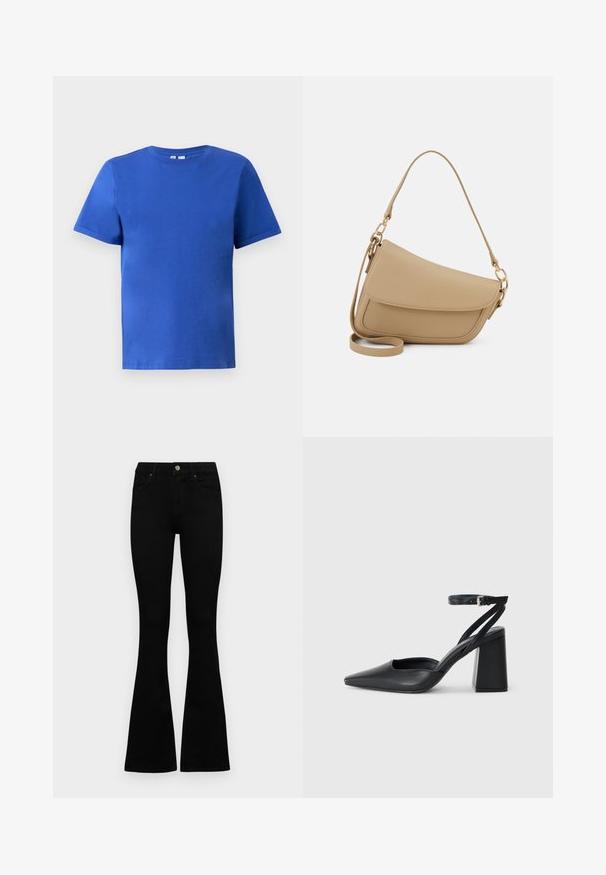 Kortærmet T-shirt i lys blå bomuld, med en rund halsudskæring og en glat tekstur uden synlige mønstre eller accenter.; Sorte højtaljede jeans med knap- og lynlåslukning, forlommer og flagrende ben, lagt fladt på en hvid baggrund.; Sort læder spidse pumps med ankelrem og en chunky hæl. Flad tekstur, slankt design og minimalistisk æstetik.; Even&Odd Håndtasker - beige